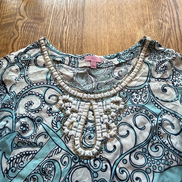 Lilly Pulitzer Sarah Tunic Dress Beaded Jeweled Neck Line Sleeves M Pale Blue - Picture 4 of 11